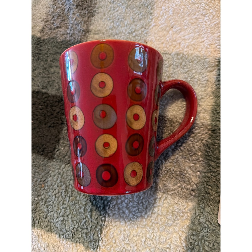 Mr. Coffee Red Ceramic Mug Retro Brown Tan Geometric Circle Pattern Glazed Cup